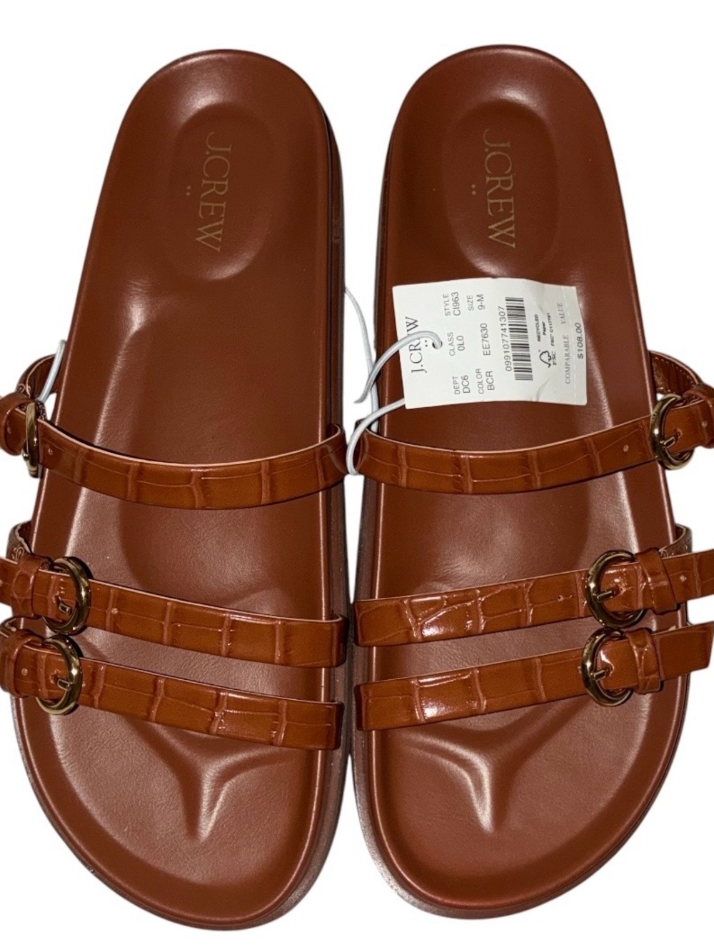 NWT J. Crew Women's Brown Triple-Strap Buckle Slide Sandals Sz 9